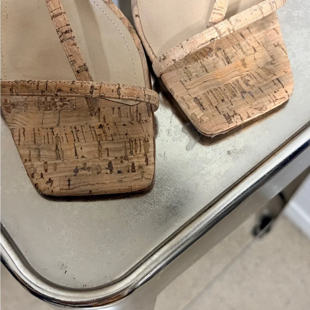 Schutz Heloise Size 9 T Strap Block Heel Open Toe Cork Sandals - Picture 5 of 9